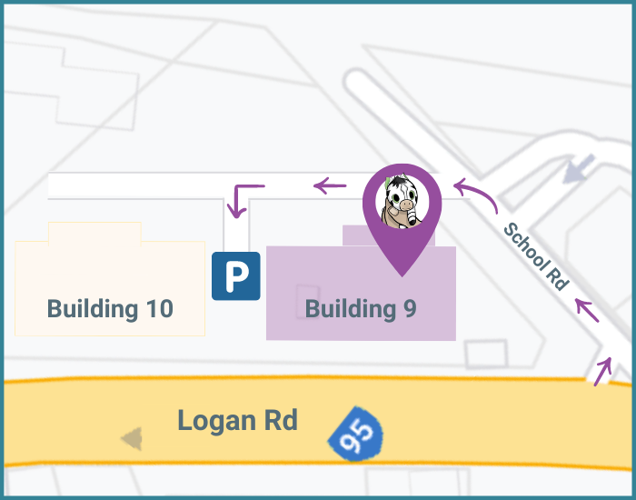 Map of parking at NotJustBendy. Entry to carpark is between buildings 9 and 10